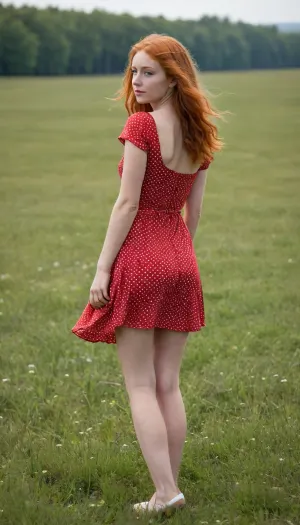 A beautiful young slim ginger-hair girl with a small round butt in a short red summer dress with white dots stands in a meadow, the wind lifts her skirt and reveals her naked hairy pussy, full body view