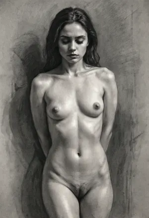 Sad naked girl, emotional pose, charcoal portrait drawing, dark shading, rough charcoal strokes, textured paper, dramatic shadows, expressive face, fine art style., drawing, female, charcoal, art, <lora:EldritchCharcoalXL1.1:2>, <lora:female_charcoal_art:2>