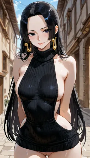 Score_9, score_8_up, score_7_up, Boa Hancock from One Piece, (score_9, score_8_up, score_7_up, source_anime, masterpiece, pale skin), 1girl, solo, long hair, loose strands of hair, standing, beautiful eyes, soft, smile, looking at viewer, day, sunlight, small breasts, BREAK, virgin killer sweater, tight black sweater, pokies, visible pussy, cowboy shot, turtleneck sweater, sideboob, leaning forward, arms behind back, <lora:EnvyBeautyXL02:1>, <lora:add-detail-xl:1.2>, <lora:attractive_notrigger:1.2>, <lora:detailed_notrigger:1.2>, <lora:LCMTurboMix_Euler_A_fix:1.2>