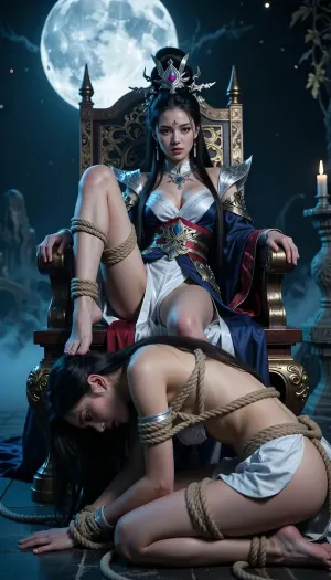 From Chinese fantasy costume scene, sexy young chinese empress sitting on her throne, dominant pose, in front of her a Shibari rope bondage maid bows, Moonlight, cool and soft, mystical, serene, night-time, tranquil