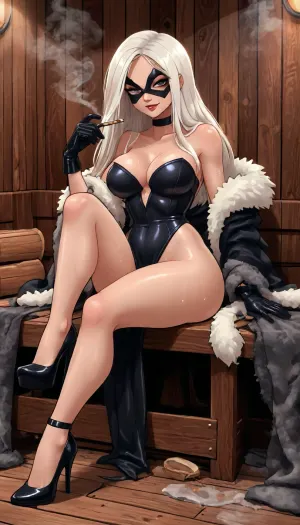 (innv meets jack cayless style), (reiq style, masterpiece, cel-shaded, limited color palette), ((Beautiful Sexy Hardy from marvel rivals game body:1.8)), (1girl, solo, alone), (((white hair))), (gorgeous, seductive face, mature, ads, perfect body, perfect breast, perfect hands, perfect legs, small waist, thick thighs, hips, big ass, sweaty body), (Fur Trim spandex underwear black), (Fur Trim black Gloves), (Fur Trim black Choker), (black half-eye-mask), (high heels), (sexy smoking posing), (in sauna, steam, smoke, background), ultraviolet light, LoL, Style, uberfit, muscular, athletic, <lora:mk_Bp Anime_xl:2>, <lora:LCMTurboMix_Euler_A_fix:2>, <lora:Marvel_Rivals:2>, <lora:Black_Cat-000006:2>, <lora:uberfit_lora_sdxl:.8>