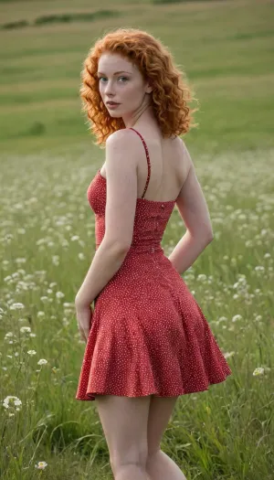A beautiful young full-bodied ginger-curly-hair girl with a round butt and big tits in a short red summer dress with white dots stands in a meadow, the wind lifts her skirt and reveals her naked hairy pussy, front view, full body view