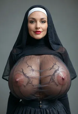 ((victorian gothic scene)), extremely beautiful sexy nun, ((she is showing off her perfect breasts:1.2)), refined elegant face, high cheekbones, red lipstick, slutty smile, (extremely pretty mature woman:1.9), voluptuous, curvy, extremely tempting, sunny floral field, extremely detailed background, (transparent dress:1.9), (skin-tight elegant simple see-through black nun clothes:1.9), (massive breasts:1.9), ((puffy erect nipples poking through holes in her clothes)), simple belt, dress open at the front, her massive breasts exposed, detailed undecorated see-through simple dress, (face close-up), amorous face, ultra lovely face, ideal body, ultra detailed, ultra realistic, longnips, breasts, cutout, clothing, nipples, <lora:milkers_v2:1.4>, <lora:longnipsxl:.8>, <lora:MJ52:.8>, <lora:2BoutOvalSDXL2-000002:.8>