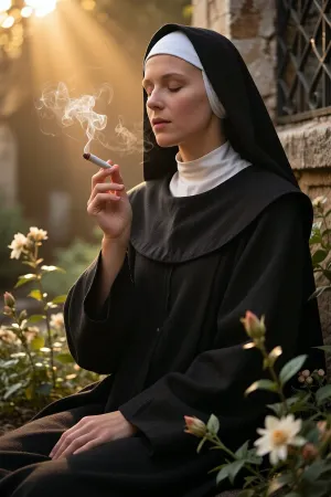 Ultra-photorealistic cinematic masterpiece, extraordinary realism, strong global contrast, crisp microcontrast, ultra low key, warm late summer lighting, molten amber and honey-gold glow, radiant rim light, soft volumetric rays and drifting smoke, premium full-frame 35mm lens perspective, shallow depth of field, an adult nun, 28 years old, seated calmly among flowering plants in a quiet monastery garden, her face calm and meditative, eyes closed, head slightly raised... wearing an authentic sixteenth century Benedictine habit, long black wool tunic, weathered black scapular, crisp white linen wimple framing her neck, simple white coif, long black veil, modest handmade fabrics, clean and well cared for, never decorative or luxurious... golden backlight catching the edges of folds without changing the true black and white colors... She delicately holds a tiny glowing stub of a nearly smoked, hand-rolled, filterless cigarette, pale smoke revealing the sunbeams... her posture relaxed and grounded, hands natural and well proportioned, subtle resin texture on surrounding buds, soft breeze through the leaves, background hints of weathered hand-cut stone and iron, peaceful historical atmosphere, timeless fine art quality...