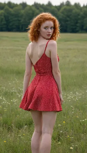A beautiful young slim ginger-curly-hair girl with a small round butt in a short red summer dress with white dots stands in a meadow, the wind lifts her skirt and reveals her naked hairy pussy, full body view