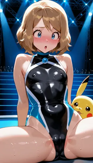 Clean digital art, bright and soft lighting, detailed, high-resolution, Serena from Pokemon, petite body, flat chested, 18 years old, adult, in a contest hall, wearing a performance outfit, public sex with her Pikachu on stage, 1girl, 1pokemon, legs spread wide, front view, girl blushing and shocked face expression.