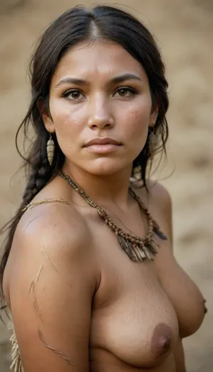 texture, dark shadows, (3/4th side view:1.4), ((fullfigured)), shallow depth of field.Realistic image in the style of the artist Edward S. Curtis image in the neo-romantic style, ((cameltoe:1.2)), (typical figure of a Kiowa woman with folds of fat and cellulite:1.4), 1 female, Native American Kiowa, (sagging skin:1.4), (wrinkles on the neck:1.2), (grandmother's skin:1.4), ((smallpox on the body:1.4)), (skin pigmentation, moles:1.4), South Native American Kiowa woman, flat-chested woman, cellulite., (obese:1.3), ((hairy:1.2)), (national dress:1.1), typical clothes of south Native American Kiowa women, (56yo), genitals are visible, (realistic texture of Native American Kiowa mature skin), (symmetrical faces), (perfect faces), (realistic faces), bossy grandmother, strict, cellulite 47 years old, wearing a cotton loincloth, hoop earrings, hair in braids, small breasts, breasts hanging down to the navel, wrinkles, saggy belly, folds on the belly, national patterns, fringe.Native American Kiowa, neaple harbour, napoli, Artist_Name, stretch, marks, <lora:sagging-000015:1.4>, <lora:stretch_marks:2>, <lora:MJ52:.8>, ral-fltpn, <lora:ral-fltpn-sdxl:.8>, <lora:pureline:.8>