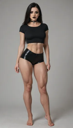Full body, a short muscular fit girl, (front view:1.3), (long legs:.9), athletic body, (very thick muscular legs:1.8), (defined quads and calves:1.7), narrow waist, (small round butt:1.4), gothic alt fashion, black lipstick, (tight black mini shorts:1.5), crop top, choker, slight eye makeup, pale skin, long straight black hair, standing pose, detailed skin texture, high detail, sharp focus, realistic, masterpiece, best quality, very detailed face, beautiful eyes, 8k