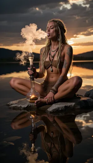 Masterpiece, ultra realistic cinematic editorial photography, low-key golden sunset exposure, opulent amber-orange grading, deep blacks, strong contrast, radiant rim light, chiaroscuro shadows, epic Scandinavian lake mood. A naturally beautiful hippie woman, 33 years old, very slim athletic physique, lightly bronzed skin, tattoos, long blonde dreadlocks with threads and beads, hyper realistic face, handmade woven hippie clothing, layered natural jewelry, sitting cross-legged on a granite boulder in a remote Scandinavian lake. In her right hand, a prominent crystal glass hookah with clear reservoir, glowing tobacco in a small shallow bowl, exhaling dense white smoke. Low frontal viewpoint over perfectly still water, flawless mirror reflection of her full body, hookah, smoke and dramatic clouds, 35mm look, analog grain, 8K photorealism, masterpiece quality.