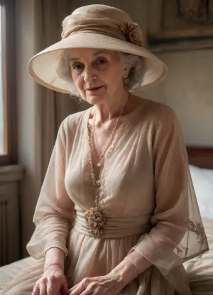 (((hyperrealistic vintage style))), in an elegant modern minimalist hotel bedroom, insanely detailed, fully furnitured, (((nice kind beautiful extremely elder extremely aged ancient heavy 200 year old grandma:1.9))), brown tanned skin, (((Precisely detailed realistic heavy wrinkled skin:1.9))), (((micro-detailed skin:1.9))), (chubby), light glossy mahogany lipstick, fancy black makeup, (light-beige knee-length ultra-minimalist round-neckline all-around comprehensively sheer dress with matching long sleeves), (fully sheer polka-dotted dress), (elegant luxury wide-brim dress-matching floral hat with matching veil is covering her face), (((dimlight shines through the full-sheer transcluent dress:1.9))), (chiaroscuro dramatic lighting:1.4), matching tight-high fishnet stockings, matching high heels, eye-contact, 8K, greatly improved quality, insane resolution, ultra-sharp, anti-aliasing, image sharpening, (((shy, introvert))), (((close-up:1.7))), raytracing, anti-glare, anti-gloss, post-processing, enhanced reflections, (((candid))), (((hyperrealistic, photorealism))), (relaxing:1.9), (((post-orgasm face:1.9)))