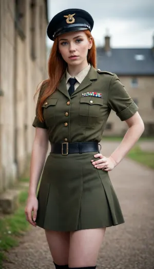 Beautiful young scottish ginger-haired girl with big breasts in an army uniform with a short narrow skirt, with a small military cap, with high military boots, with straight hair pulled back into a bun, full body view