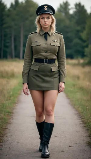 Beautiful fat young swedish blonde-haired girl with big breasts in an army uniform with a short narrow skirt, with a small military cap, with high military boots, with straight hair pulled back into a bun, full body view