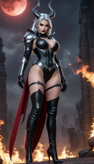 Four women, skinny princess demon, 20 years old, athletic body, silver hair, maleficent big black horns, very massive rounded big breasts, perfect breasts, perfect face, realistic face, slim waist, small buttock, skinny legs, ((wearing black sexy armor)), ((very low-cut top)), black stocking, ((black armor thigh-highs)), night background with red full moon, seduce pose, ((full body view)), masterpiece, large, breasts, big, boobs, huge, tits, <lora:bombshell_v2:.8>, F3m4l3, Kn1ght, battlefield, female, tall, armor, horns, flame, <lora:Female_Knight:.8>, <lora:[XL]Demon_Legion:.8>
