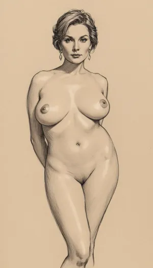 a pencil sketch of naked mature MILF, frontal view, gorgeous beauty, standing, voluptuous, medium-sized breasts, soft natural breasts, saggy breasts, jsbw, style, drawix6, dwx6, <lora:sketch_it:2>, <lora:JasmineBWXLDoguMini:2>, <lora:drawix6:2>