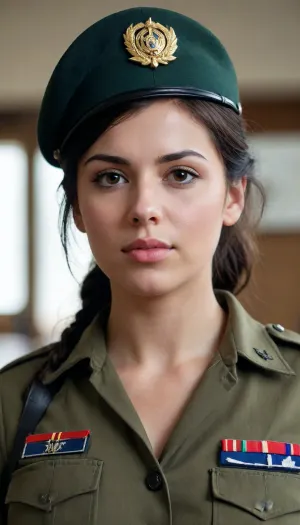 A beautiful young dark-hair girl with big tits in a soldier uniform