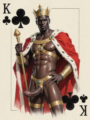A sexy playing card. The card is king of clubs. The image is drawn in a 1950’s style pencil sketch, A beautiful black man is depicted as the king, power pose, regal, completely naked apart from a red royal mantle, and a gold bdsm harness, oiled body, big limp hanging dick, regal look, scepter, detailed dick, detailed body, more detail, posed.