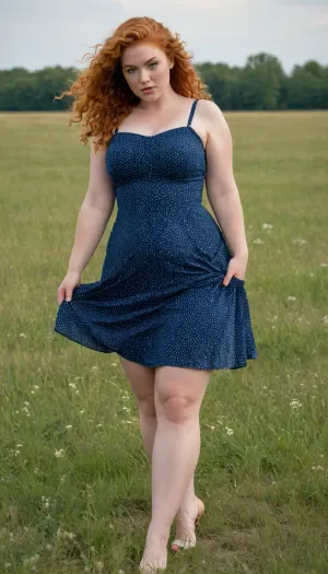 A beautiful young full-figured ginger-curly-hair girl with a round butt and big tits in a short dark blue summer dress with white dots stands in a meadow, the wind lifts her skirt and reveals her naked hairy pussy, front view, full body view