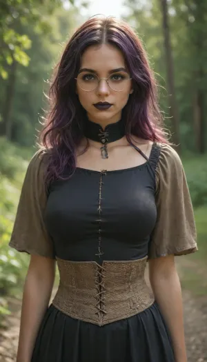shallow depth of field, 85mm lens, 18-year-old, beautiful, athletic, young, petite, female, purple hair, ((black eye shadow, black lipstick)), tanned skin, ((tight large breasts)), ((small round glasses)), ((Medieval fantasy Sorceress outfit)), ((Wilderness)), direct eye contact, warm glow, cinematic atmosphere