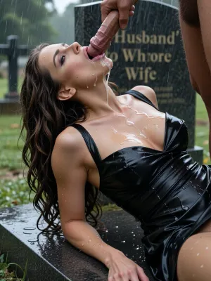 Blowjob, beautiful cum covered 30 year old widow lying and sucking cock from upside down with her head towards me, on a grave in a cemetary, cloudy day, dar, heavy rain, (glossy satin black dress), 34d cleavage, cum on face cum on dress cum in hair, cum on chest, elaborate dress, super realistic, man just in edge of picture with his cock in her mouth, 30 years old, wet dress, long wavy brown hair, 32K, high-detail facial and body, makeup, thin, skinny, oral, ('Husband to Whore Wife' engraved on tombstone), cumming in this moment, cock deep in mouth and bulging cheek, blowjob, cum all over her face and dress