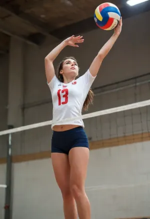 jumped in attack volleyball girl, minimalistic lewd uniform, one hand up high for hit the ball, very athletic slim figure, tall, strong, sexy, beautiful, seductive, low angle view frim aside, the ball is in air right in front of her and slightly higher