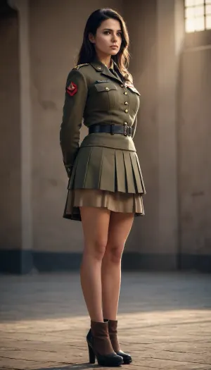 A beautiful young dark-hair girl with big tits in a soldier uniform with skirt, full body view