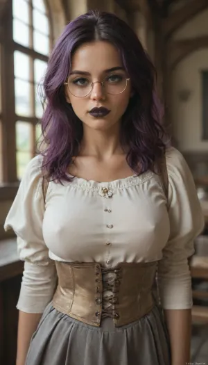 shallow depth of field, 85mm lens, 18-year-old, beautiful, athletic, young, petite, female, purple hair, ((black eye shadow, black lipstick)), tanned skin, ((tight large breasts)), ((small round glasses)), ((Medieval fantasy tavern maiden outfit)), ((Wilderness)), direct eye contact, warm glow, cinematic atmosphere