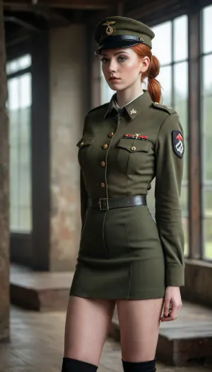 Beautiful young scottish ginger-haired girl with big breasts in an army uniform with a short narrow skirt, with a small military cap, with high military boots, with straight hair pulled back into a bun, full body view