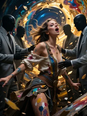 A cinematic, exquisitely detailed, masterful portrait of a misunderstood artist in a state of ecstatic euphoria. She has wild, expressive eyes brimming with divine inspiration, hair blowing in the wind, and a bohemian outfit stained with paint. She gracefully yet resolutely pushes away the dark, faceless silhouettes in plain grey suits who are reaching towards her with blank, uncomprehending expressions. In the background lies a surreal whirlwind of bright, radiant oil paints, swirling golden light and abstract fragments of her art breaking free. Dramatic chiaroscuro, the contrast between deep indigo and warm gold, emotional intensity, magical realism.