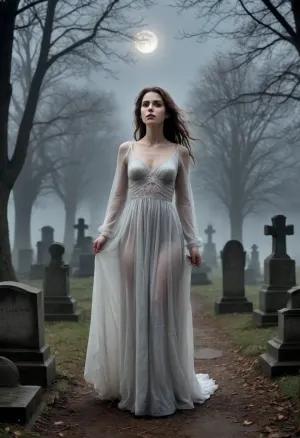 In the nocturnal ambiance of a decrepit cemetery, the moon's luminescence partially pierces the ethereal veil of clouds. A dense, spectral fog emerges from one of the graves, enveloping the area in a haunting mist. Suddenly, a spectral figure materializes from the fog, her presence both disquieting and ethereal. The apparition, a ghostly young woman, extends her arms as if to embrace the air, and begins to ascend, floating effortlessly. Her appearance is strikingly otherworldly, her skin is an unnatural pallor, her eyes are pitch black with no visible iris or pupil, and her lips are adorned with dark, seductive lipstick. Her hair is a contrasting dichotomy—extremely long and jet black, yet also unnaturally white. Her physique is disturbingly diminutive, with a petite stature, a slender frame, and an almost skeletal appearance. Her nudity is complete, yet disturbingly poised, with an extremely short body and a disproportionately small figure. Her chest is notably flat, and her hips and buttocks are minuscule, contributing to her ghostly, almost otherworldly aesthetic. The scene is further disorienting due to a slight Dutch angle, enhancing the sense of unease and dislocation. The entire composition is bathed in a misty, spectral light, accentuating the ghostly nature of the apparition. This haunting tableau, with its meticulous attention to detail and atmospheric depth, evokes a sense of otherworldly presence and psychological unease.