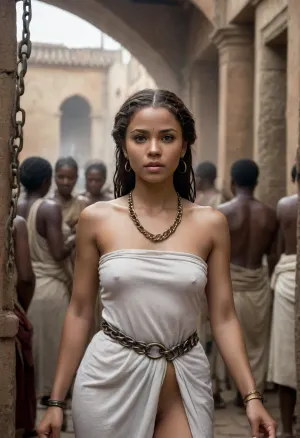 portrait of a A highly detailed, photorealistic scene set in an ancient Roman slave market, in the foreground, a Roman citizen explores the sexual nature of an African slave woman by taking her deeply and intensely from behind, In the center, a group of female slaves from various regions stands in iron shackles. Among them, there is a blonde Nordic woman, a Nubian woman, and a Black African woman, each depicted with authenticity and dignity. They are bound with heavy, iron chains around their wrists and ankles, and some are fixed to metal rings embedded in a stone wall. The marketplace is bustling with Roman citizens in elegant white togas, haggling and moving about. The scene is rich with historical detail, showing the diverse backgrounds of the slaves and the authenticity of their chains. Above, the golden sunlight filters through the smoke and dust rising from the market, creating a mystical and atmospheric effect. The focus is on a few of the women in sharp detail, while the background fades into a lively blur, capturing the vibrancy and complexity of the Roman slave market, cloudy, smoke, atmospheric, clouds, fog, jia, pillory, (maximum detail), (super realistic photo:1.4), (perfect pussy:1.4), wet body monsoon rain, visible pores, fine natural texture, tiny raindrops clinging to her eyelashes and cheekbones. Her facial features are regal and sharp, high sculpted cheekbones, strong elegant jawline, full lips pressed together with faint disdain, eyebrows slightly lowered and arched in calculated superiority. Her eyes are piercing with deep dark irises, razor-sharp iris detail, tiny lightning catchlights reflecting in them. Expression communicates absolute authority, cold pride, and a chilling confidence that borders on menace. Only hints of her crown and jewelry are visible at the edges, wet gold and gemstones catching lightning, framing her face as a symbol of untouchable power. Cinematic storm lighting, cold blue highlights, high contrast, hyper photorealistic, 8K, extreme facial detail, shallow depth of field, intense gaze, dark jungle blur behind her.