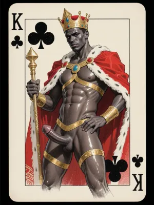 A sexy playing card. The card is king of clubs. The image is drawn in a 1950’s style pencil sketch, A beautiful black man is depicted as the king, power pose, regal, completely naked apart from a red royal mantle, and a gold bdsm harness, oiled body, big limp hanging dick, regal look, scepter, detailed dick, detailed body, more detail, posed.