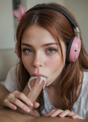 Chelsea, Akame ga Kill series, 26 years old, young woman, young face, long auburn hair, pink eyes, pink butterfly hair accessory, pink headphones, black hairband, sucking a cock, (oral creampie:1.8), cheerful face, beautiful hand, 5 thin fingers, pink nail polish, red chicks, freckles, <lora:add-detail-xl:.8>