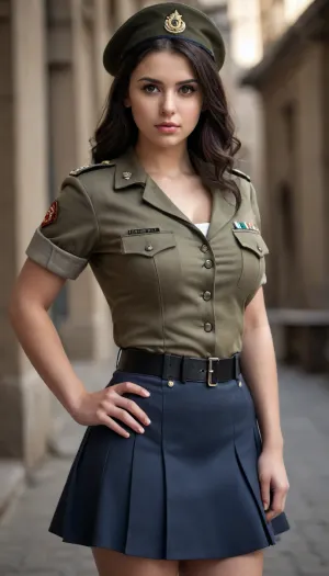 A beautiful young dark-hair girl with big tits in a soldier uniform with skirt, full body view