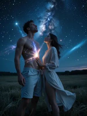 A cinematic, hyper-realistic wide shot with a double exposure, a man in light-coloured shorts and a woman stand in a vast open field, gazing up at a stunning, thought-provoking night sky — the majestic Milky Way, soft distant stars and a deep cosmic nebula. Minimalist, flowing linen clothing fluttering in a gentle breeze. A dark fantasy atmosphere, with stars providing silhouette lighting, deep-blue ambient lighting and voluminous cosmic rays. Photorealistic, 8K resolution.
