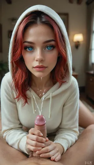 (Realistic Reiq style:.8), (Hetero 1woman, 1man, adult, POV), (handjob, holding man's cock), Beautiful girl, light green hair, (((Charming eyes, blue pupils:1.7))), (very pretty girl:1), (makeup:1.3), ((red hair)), in a ponytail, athletic, in hotel room, white hoody, hooded, (handjob for, (small cock:1.6)), (cum on body:1.6), (ejaculation:1.7), <lora:reallora1:1>, <lora:MJ52:1>, <lora:BUT_SDXL_SHS:1>, <lora:BT_Hooded_Dress_XL:.8>