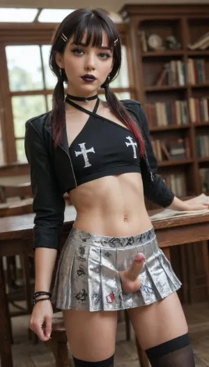High Resolution, 8K, High Quality, high dynamic range, masterpiece, best quality, absurdres, highres, amazing quality, newest, aesthetic, detailed, ultra HD quality details, hyperrealisim, dynamic angle, [were], Modern public library, books, tables, chairs, window, day, detailed background, (1boy, femboy, androgynous, sissy, trap, solo, medium hair, black hair, blunt bangs, sideburns, red highlights, low ponytails, green eyes, big eyes, detailed eyes, delicate features, long eyelashes, flat waist, beautiful facial features, perfect body, (small penis), testicles, anus), [clothes], (Cross earrings), bracelets, hair clips, black lipstick, (blue smoky eyeshadow:.9), eyeliner, black choker, red trim, black transparent cropped jacket, (black halter), midriff, (silver microskirt), black thighhighs, femboy print clothes, detailed fabric textures, [action], looking at viewer, sexy pose, mischievous face, head tilt, provocation, (red panties pull), pulling own clothes, undressing, front view, focus on penis, smilling, flash tits, show breasts, penis drool, cum