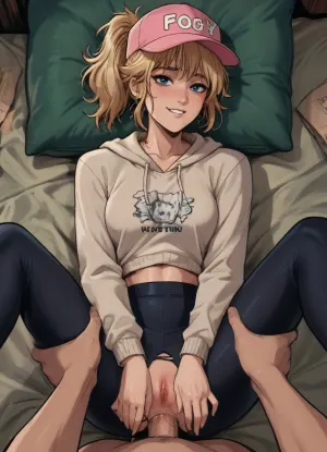 Missionary anal sex, Score_9, score_8_up, score_7_up, reiq meets markgavatino art style, 25 year old, messy blonde hair in ponytail, nose piercing, tatt on arms, sweating, shiny skin, ((in love, smiling, cute)), ripped tight yoga pants, beige hoodie, pink base cap, anal penetration, male pov, cute, doodle, ratatatat74, <lora:cutedoodle_XL-000012:.8>, <lora:ratatatat74-000050:.8>, <lora:NEOTOKIOXL_0.2_RC:.8>, <lora:outline_xl_kohaku_delta_spv5x:.8>