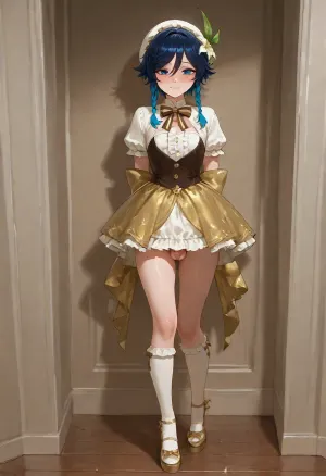 4k resolution, high definition, highly detailed, best possible quality, femboy, Venti from Genshin Impact, solo, tiny, petite, flat-chested, medium cock and balls, high platform heels, standing in corner of room, hands behind back, wearing frilly shorty girl dress, too small, barely covering buttocks, large bow on head, white knee socks, sparkly shoes, looking like a living doll, tearful eyes, biting lip, embarrassed