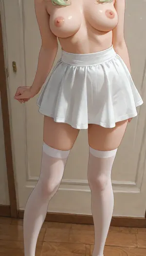girl, adult, standing, short light green shaggy bob hair, perfect body, white skirt on floor, light green clothes on floor, nude, nude breasts, nude body, no clothes, medium breasts, skinny legs, transparent white stockings, legs in frame close, green high-waisted cheeky panties