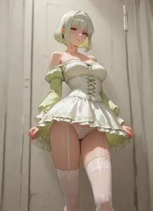 girl, adult, standing, short light green shaggy bob hair, white underbust corset, white ruffled skirt, medium breasts, light green long sleeves, open shoulders, skinny legs, transparent white hold-ups stockings, curved pose, taking off her white panties, undressing panties