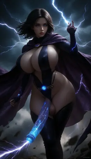 score_9, score_8_up, score_7_up, (futanari:1.5), (Reiq style:.6), Raven from DC comics, (huge breasts:1.7), (huge cleavage:1.5), (perfect erect penis), (skimpy intricate Raven Suit:1.5), (Glowing blue eyes), (((((Glowing blue eyes))))), full length gloves, (pale skin), colorful, vivid, beautiful, HD, masterpiece, thigh high boots, (glowing blue cock with lightning), (windblown wild black hair with purple streaks), (windblown large purple cape), action pose, detailed body, hips, fantasy, (she is holding her penis with one hand), ((((scene takes place in a energy storm with lightning)))), (extremely realistic), <lora:dark:1>, <lora:bombshell_v2:.3>