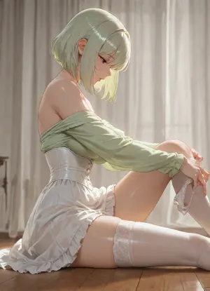 girl, adult, short light green shaggy bob hair, white underbust corset, white ruffled skirt, medium breasts, light green long sleeves, open shoulders, skinny legs, transparent white hold-ups stockings, sitting on floor, high-waisted white panties, view from side-front, curved pose, undressing, taking off her panties