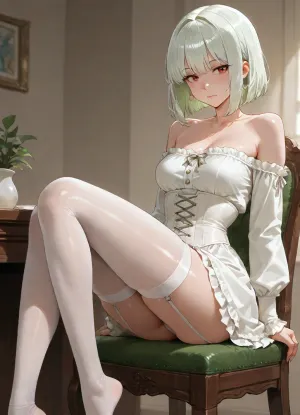 girl, adult, short light green shaggy bob hair, white underbust corset, white ruffled skirt, small-medium breasts, light green long sleeves, open shoulders, skinny legs, transparent white hold-ups stockings, sitting at table, sitting on chair, perfect small ass, view from behind
