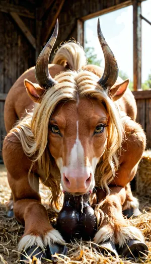 Naked female, Blonde, (((furry body))), hooves, horns, farm, very furry, big round boobs, long hairy tail, looking at viewer, crawling, deep throat, horse