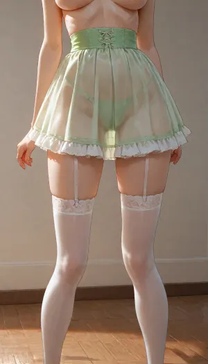 girl, adult, standing, short light green shaggy bob hair, white ruffled skirt on floor, nude, nude body, no clothes, medium breasts, skinny legs, transparent white stockings, legs in frame close, curved pose, curved body, green high-waisted panties