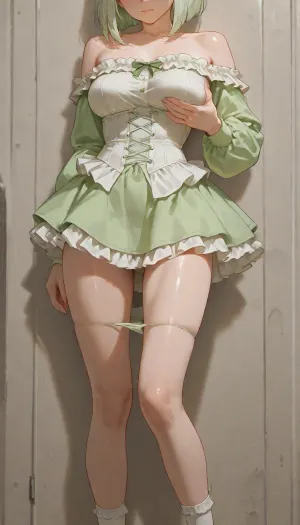 girl, adult, standing, short light green shaggy bob hair, white underbust corset, white ruffled skirt, medium breasts, cropping her own breast, light green long sleeves, open shoulders, skinny legs, transparent white stockings, socks in frame, legs in frame close, curved pose, curved body, light green panties down, no panties, leaning on wall
