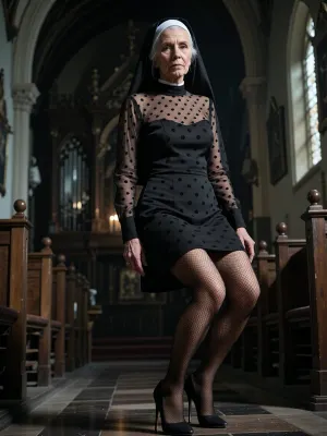 (massive chiaroscuro dramatic darkness:1.9), (Porn scene:1.9), (porn movie:1.9), (insanely romantic:1.9), Widow is in church, extremely elder extremely elderly exactly 80 year old classy nun, (((exactly 80 year old:1.9))), tanned skin, (((heavy massive wrinkled skin:1.9))), knee-length hyper-minimalist all-sheer light-black mourning nun dress with long sleeves and sheer high-neckline, (((all-mesh dress:1.9))), (((mouring style:1.9))), (((all-around deep-black polka-dotted dress))), (((full-sheer transcluent dress:1.9))), matching tight-high fishnet stockings, matching high heels, face close-up