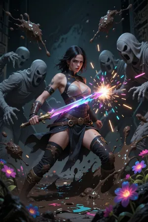 Dark fantasy illustration. A creative woman confidently fights off faceless gray shadow figures using a glowing paintbrush as a sword. The shadows are throwing ugly dirt and sludge at her. She looks confused yet powerful. Vibrant sparks of light and neon paint explosions deflect the darkness, turning mud into glowing flowers. Moody lighting, dark atmosphere, highly detailed, dramatic contrast.