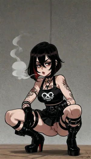 ((alex ahad art style:1.6)), sexy emo woman, lots of tattoos, lots of piercings, dark hair, asymmetric bob cut, pale skin, scene outfit, short skirt, bare pussy, emo hair, large lips, full body view, squatting, smoking a cigarette, puffing smoke, <lora:outline_xl_kohaku_delta_spv5x:1.1>, <lora:EnvyBeautyXL02:.4>