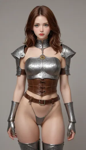 A flawless, highly detailed semi-realistic NSFW fantasy art of a voluptuous female knight. She is wearing a structurally logical and functional yet erotic bottomless gray steel plate armor. The polished metallic breastplate and corset are securely fastened to a sturdy brown leather waist belt. From this belt, detailed leather straps and silver buckles extend down to hold high-leg, thigh-high armored steel boots above the knees. She wears absolutely no underwear, leaving her wide hips, pelvic area, and round voluminous buttocks completely bare and exposed. Attached to the leather belt are panels of very thick, dense crimson red brocade fabric, heavily embroidered with intricate gold medieval patterns and filigree ornaments. The heavy cloth frames her naked hips perfectly. Masterpiece, perfect anatomy, 5 fingers, realistic hands, no extra limbs, highly detailed metallic reflections, Nisetanaka style, 8k.